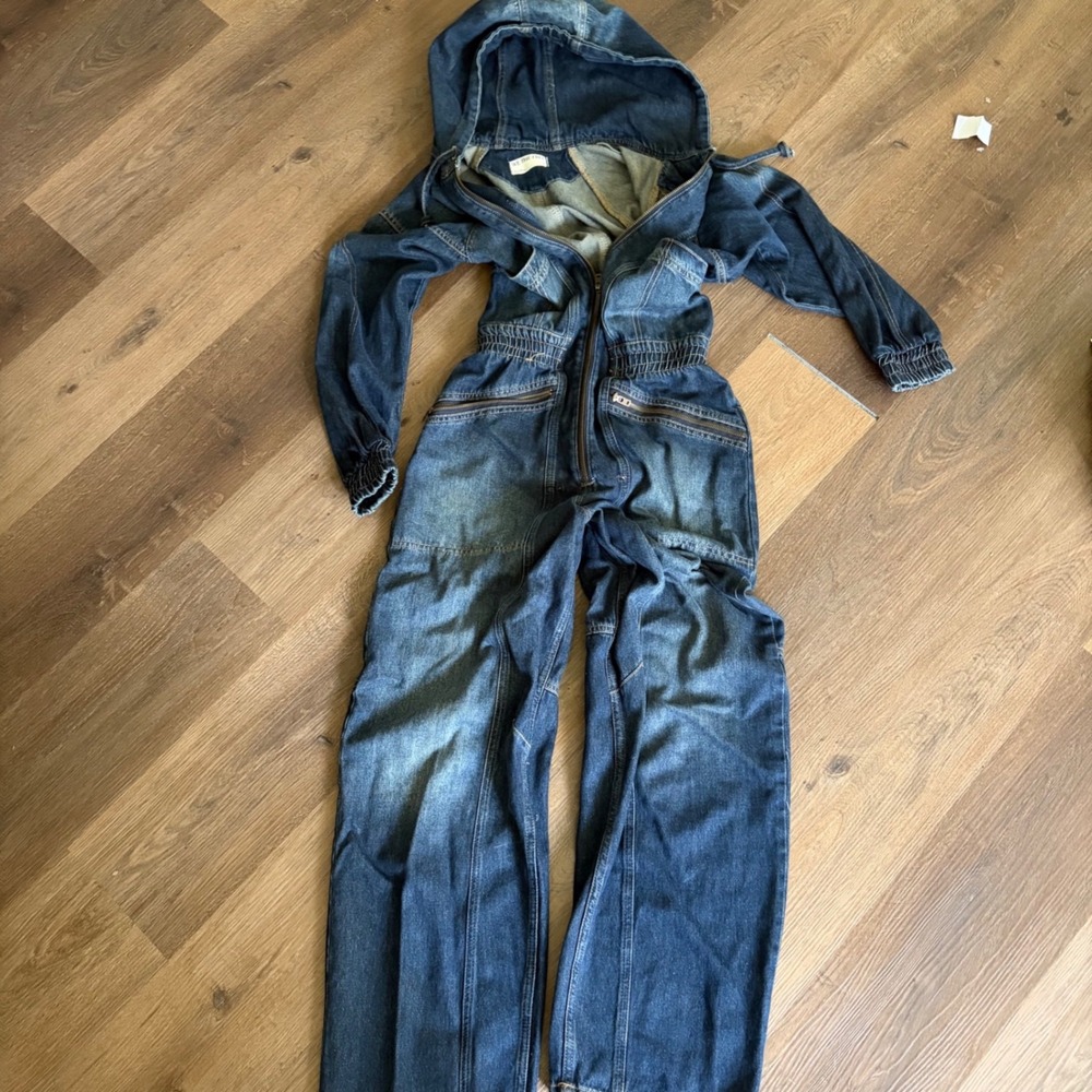 We The Free Free People Denim Jumpsuit Hooded Medium Wash Blue Utility Zip S - Picture 2 of 8
